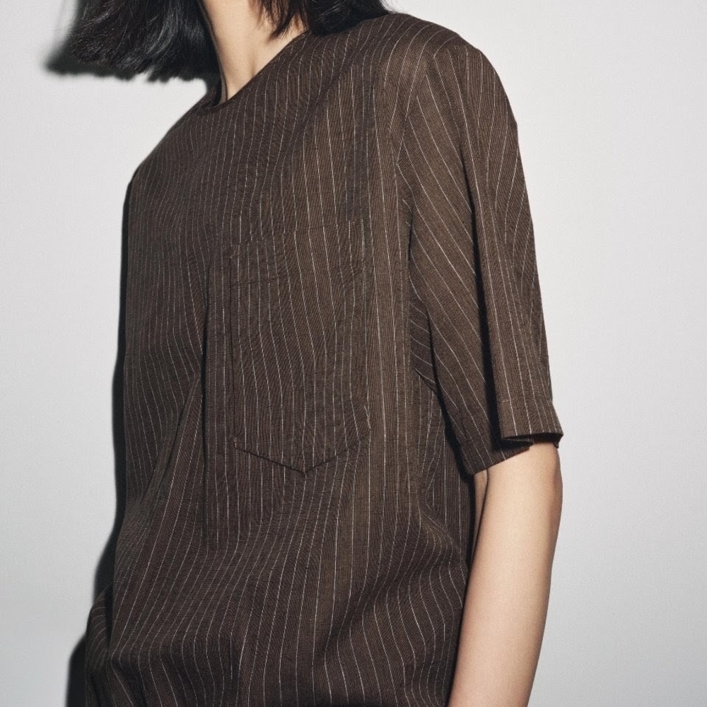 NWT Zara Striped Pinstripe Linen Blend Tie-Back Top In Brown - S